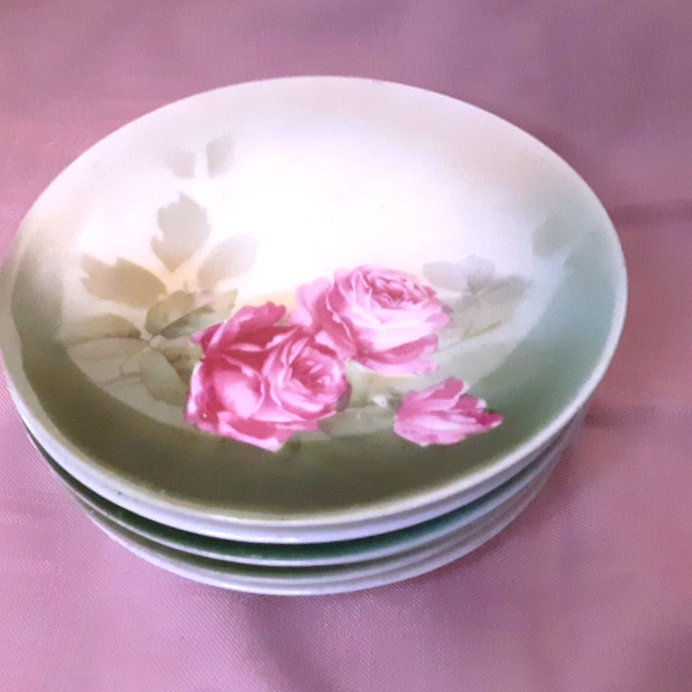 6 Antique RS GERMANY Translucent Porcelain Small Plates Hand Painted Pink Roses